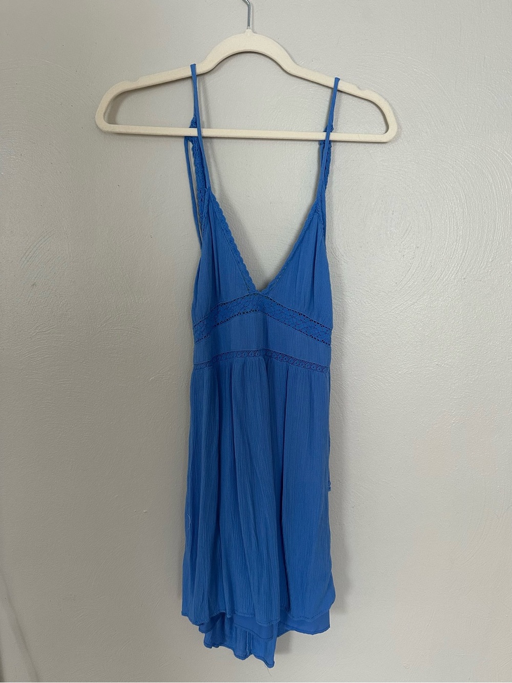Boho Blue Spaghetti Strap Mini Dress with Lace Trim